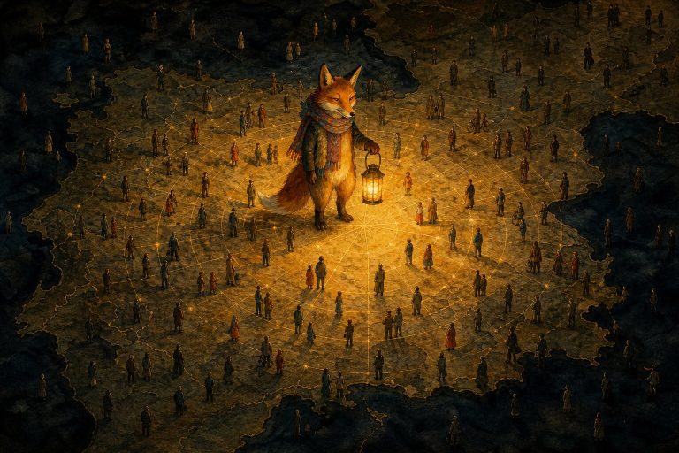 Ink and watercolor illustration of a fox in a colorful scarf holding a lantern over a dark national map, its golden light revealing scattered hidden figures connected by glowing distance rings.