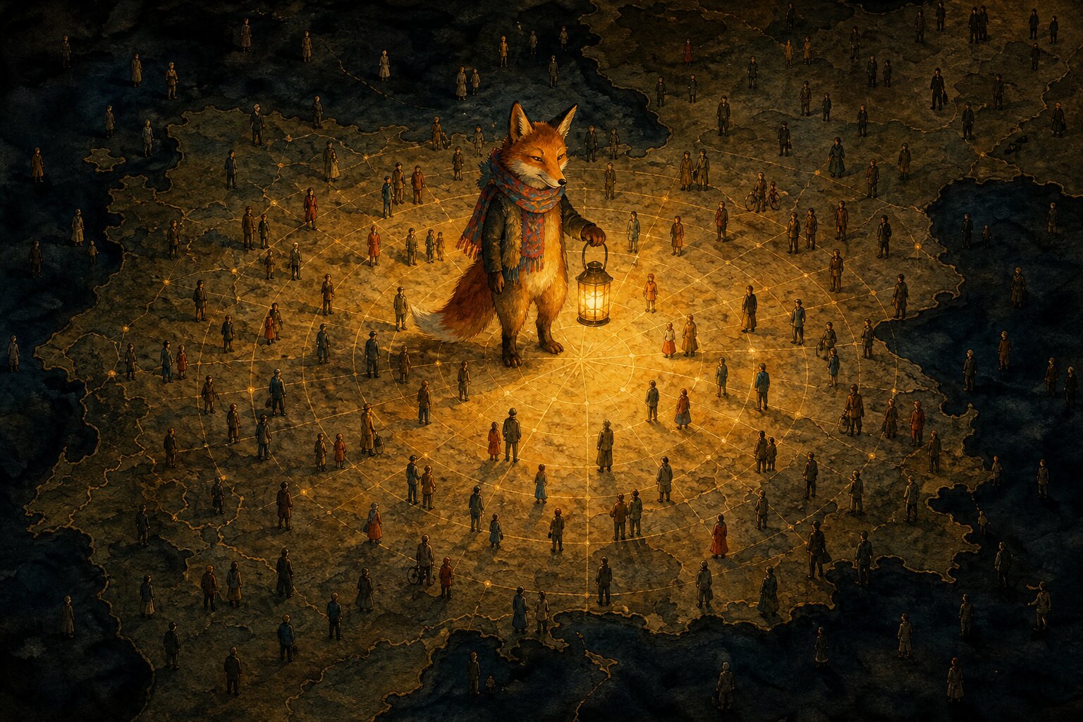 Ink and watercolor illustration of a fox in a colorful scarf holding a lantern over a dark national map, its golden light revealing scattered hidden figures connected by glowing distance rings.