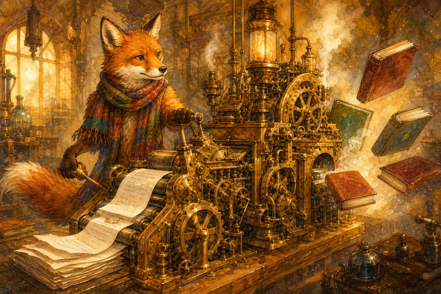 Watercolor illustration of a fox in a colorful scarf operating a golden clockwork machine that turns handwritten pages into finished books