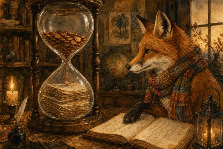 Ink and watercolor illustration of a fox in a colorful scarf watching copper coins transform into manuscript pages inside a glowing hourglass
