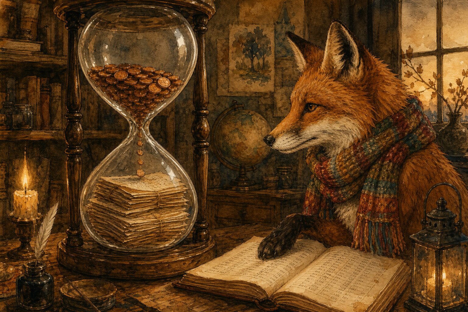 Ink and watercolor illustration of a fox in a colorful scarf watching copper coins transform into manuscript pages inside a glowing hourglass