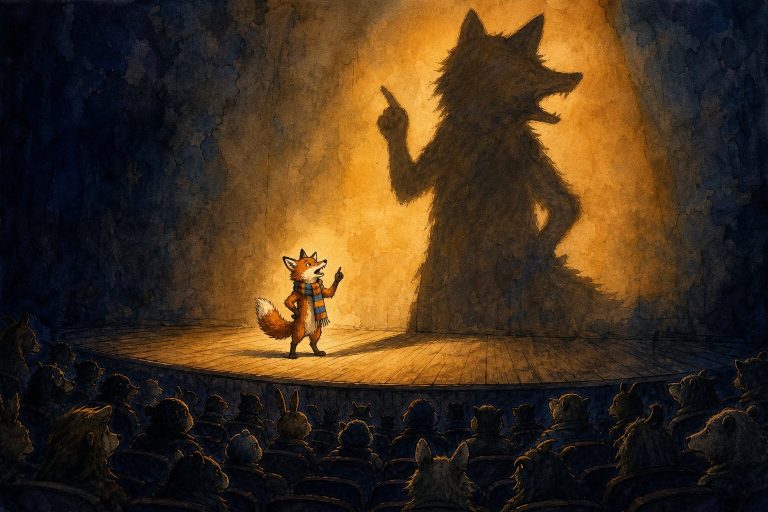 Watercolor illustration of a small fox in a colorful scarf standing on a stage, its enormous shadow projected on the wall behind it addressing an audience in a darkened auditorium