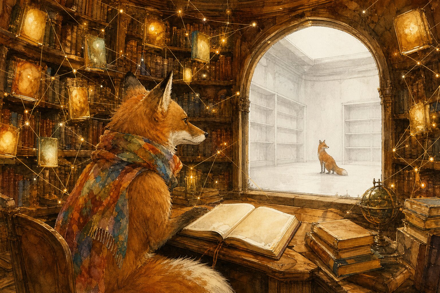 Watercolor illustration of a fox in a colorful scarf reading in a warm circular library connected by golden threads, while through an archway a second fox stands in an empty white room