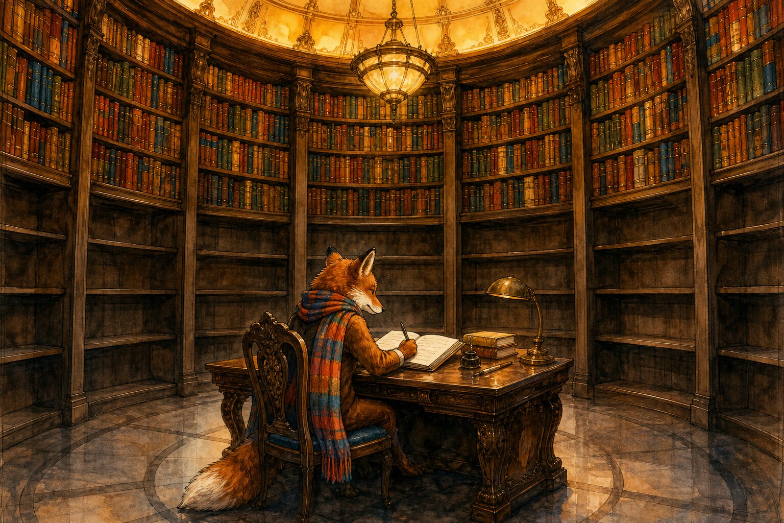 Illustration of a fox in a scarf writing at an ornate desk inside a grand circular library with towering bookshelves and a domed ceiling