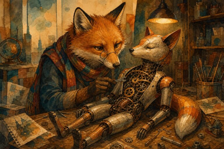 Illustration of a bespectacled fox assembling a clockwork mechanical fox automaton on a workbench under warm lamplight