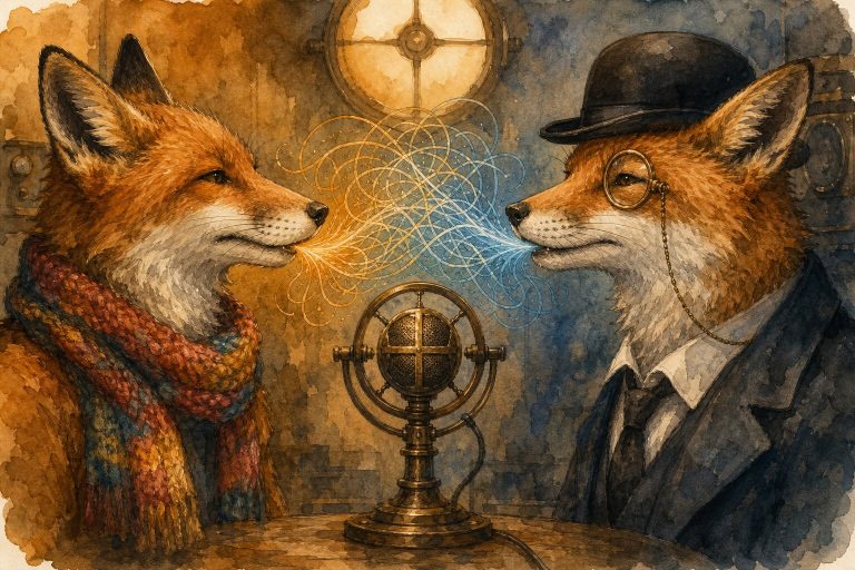 Watercolor illustration of two foxes facing each other across a vintage microphone — one in a colorful scarf, the other in a British bowler hat — their voices intertwining