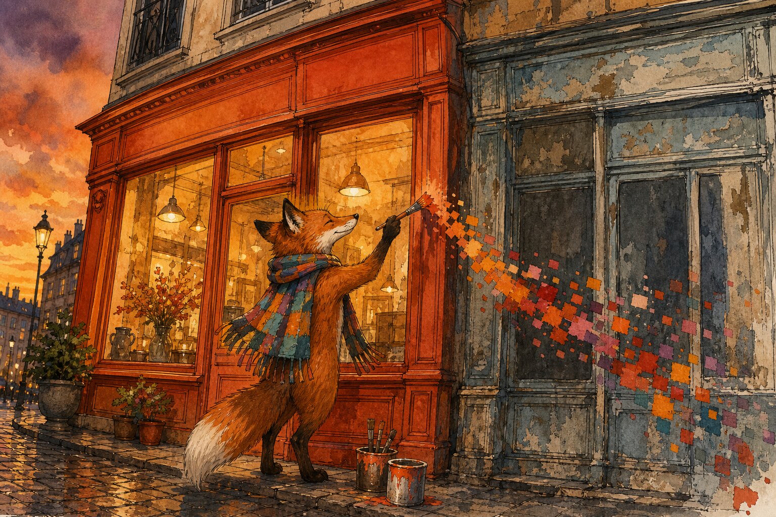 Ink and watercolor illustration of a fox in a colorful scarf painting a shopfront facade on a cobblestone street at dusk, one side freshly renovated in warm terracotta tones, the other still faded and peeling