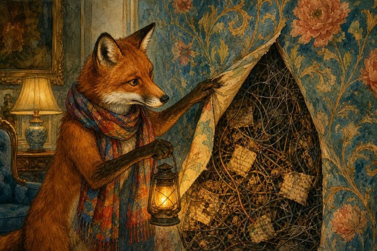 Watercolor illustration of a fox with a lantern peeling back wallpaper to reveal hidden tangles of old wires and forgotten notes behind a pristine surface