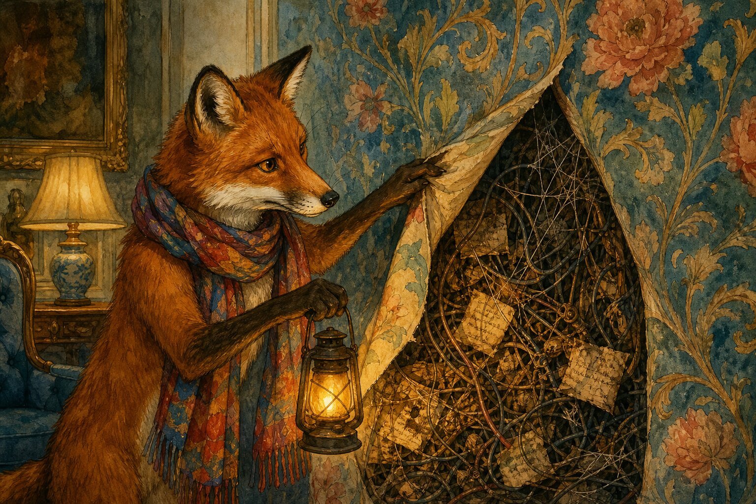 Watercolor illustration of a fox with a lantern peeling back wallpaper to reveal hidden tangles of old wires and forgotten notes behind a pristine surface
