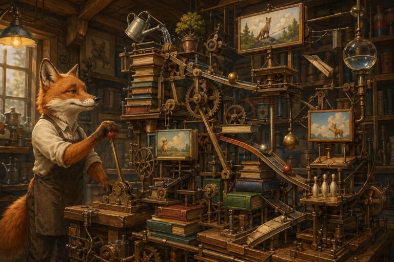 Illustration of a fox in an apron operating a whimsical Rube Goldberg contraption made of gears, books, and fox paintings in a warmly lit workshop