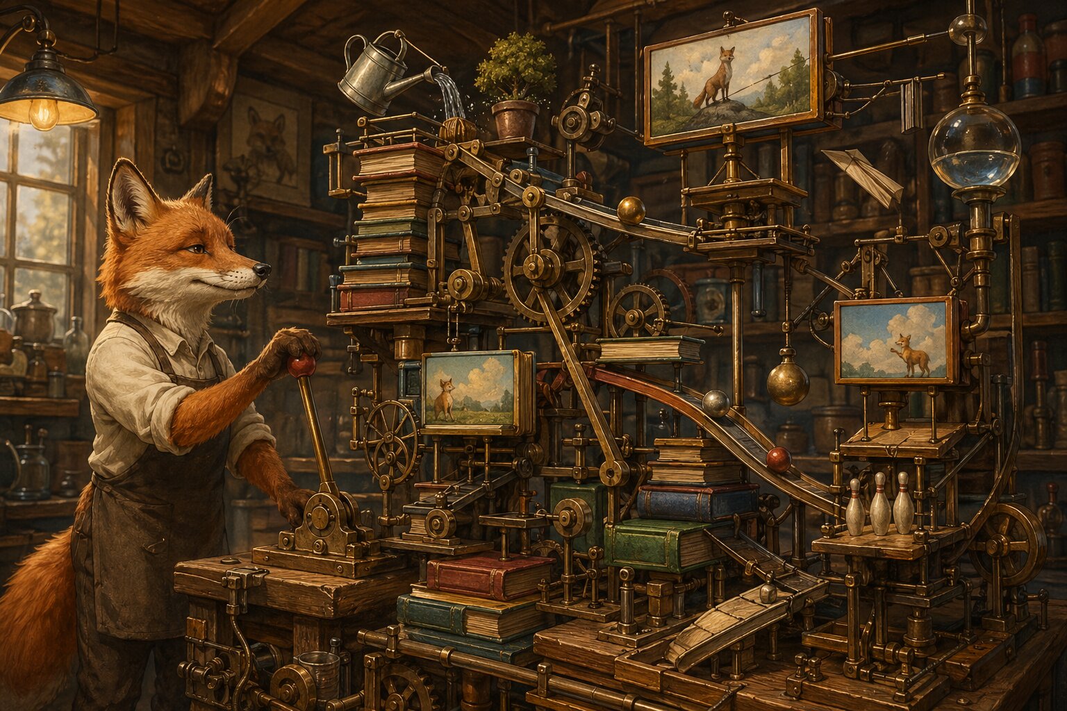 Illustration of a fox in an apron operating a whimsical Rube Goldberg contraption made of gears, books, and fox paintings in a warmly lit workshop
