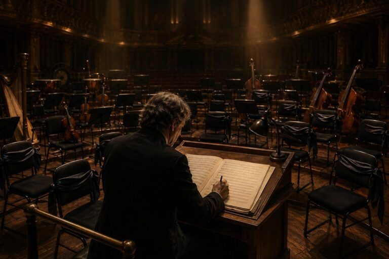 Illustration of a composer alone at a podium in an empty ornate concert hall with vacant orchestra chairs and instruments