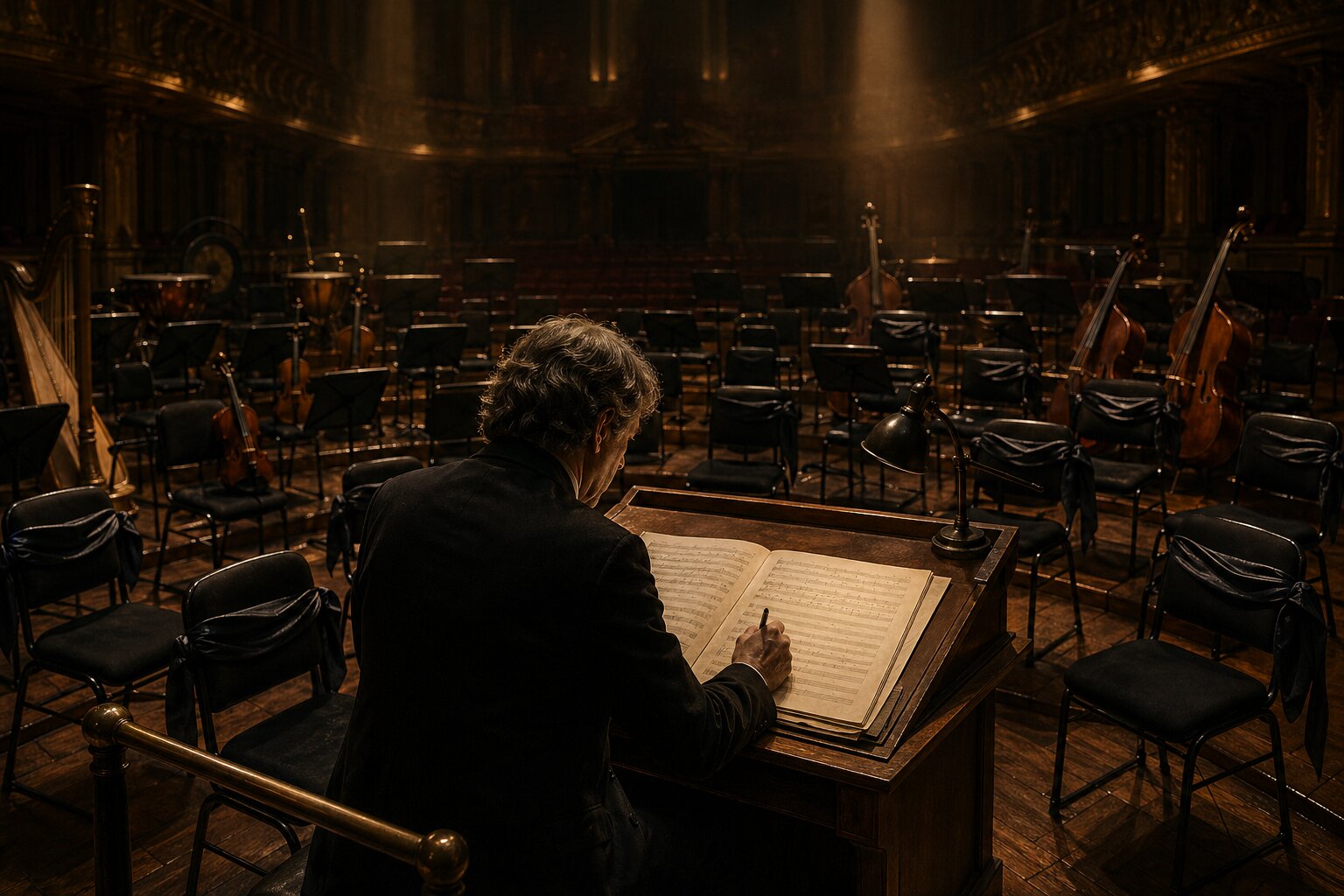 Illustration of a composer alone at a podium in an empty ornate concert hall with vacant orchestra chairs and instruments