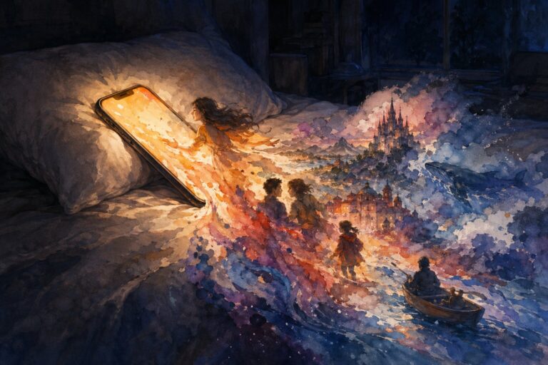 Watercolor illustration of a figure emerging from a glowing smartphone screen on a bed with a fantasy landscape of castles and a whale flowing outward