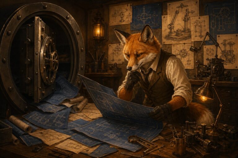 Illustration of a fox in a vest studying blueprints at a cluttered workbench beside an open vault with mechanical schematics on the walls