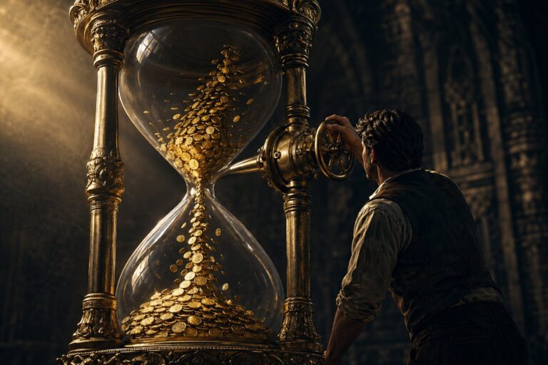 Illustration of a figure turning a brass valve on an ornate hourglass filled with falling gold coins in a cathedral-like space