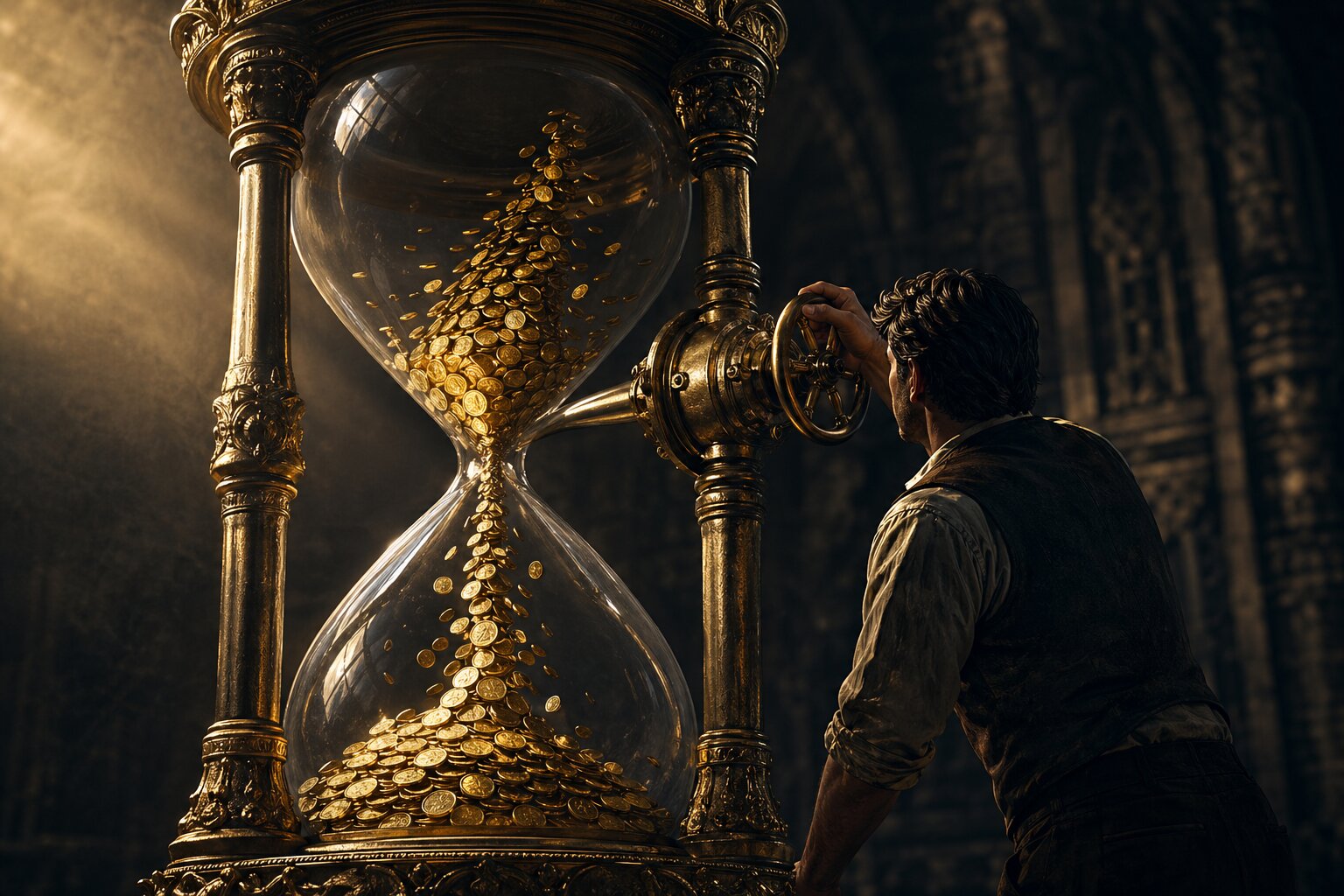 Illustration of a figure turning a brass valve on an ornate hourglass filled with falling gold coins in a cathedral-like space