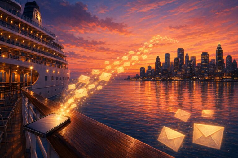 Illustration of a cruise ship railing at sunset with a smartphone sending glowing envelope icons flying toward a distant city skyline