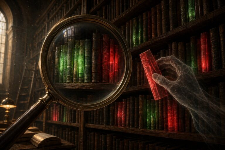 Illustration of a magnifying glass examining colorful books on shelves while a ghostly hand pulls a red book from the shelf