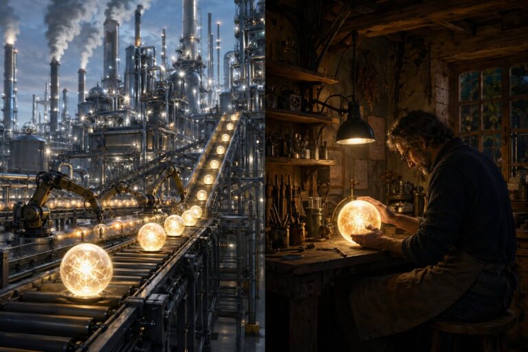 Split illustration contrasting a factory mass-producing glowing orbs with robotic arms against a craftsman handcrafting a single glowing orb in a rustic workshop