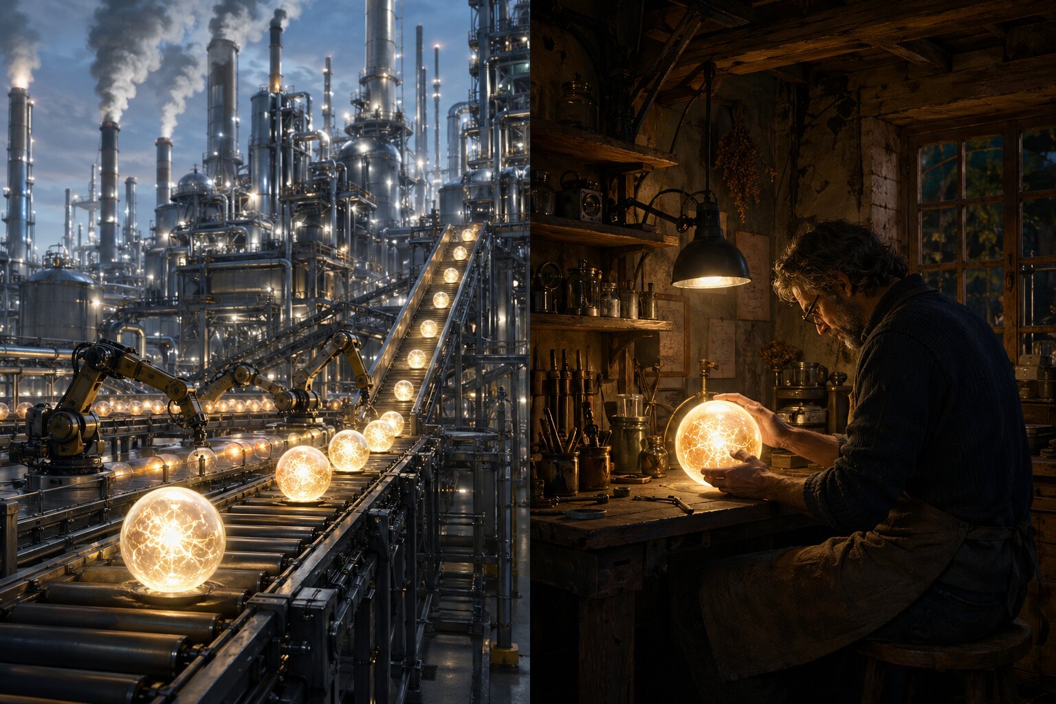 Split illustration contrasting a factory mass-producing glowing orbs with robotic arms against a craftsman handcrafting a single glowing orb in a rustic workshop