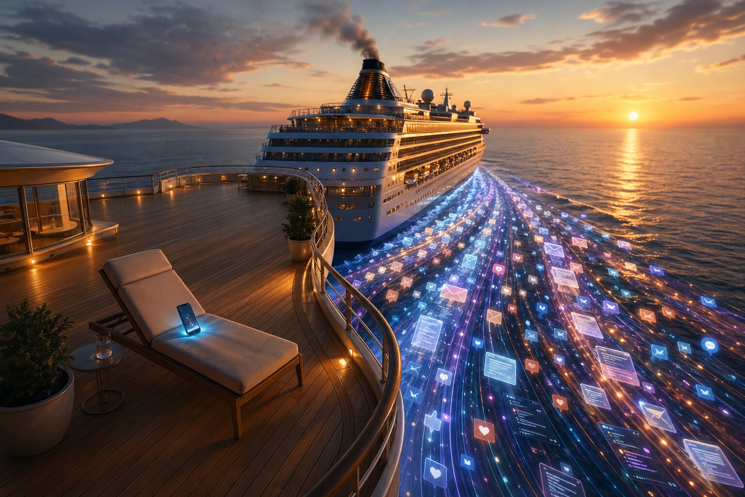 Illustration of a cruise ship deck at sunset with a smartphone emanating streams of glowing social media icons and message bubbles