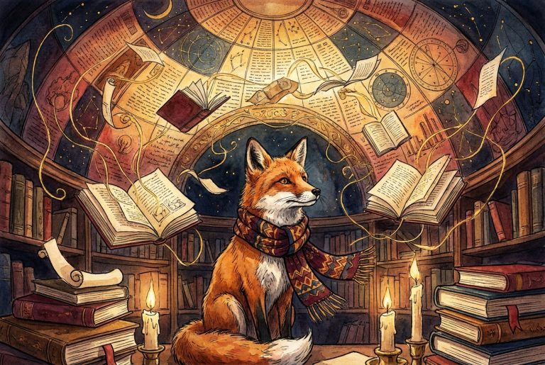 Watercolor illustration of a fox in a library with books streaming into a glowing constellation of knowledge