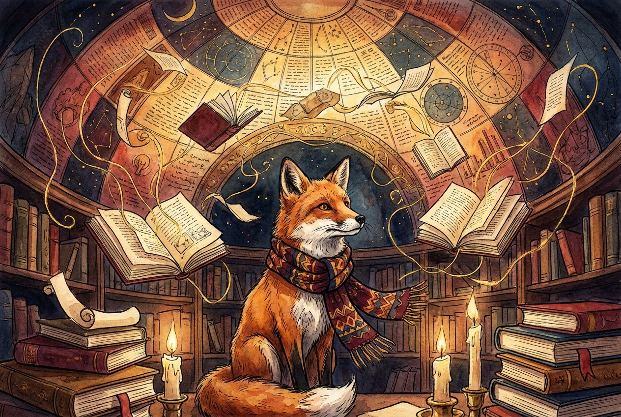 Watercolor illustration of a fox in a library with books streaming into a glowing constellation of knowledge