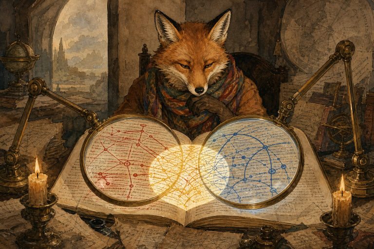Watercolor illustration of a fox in a colorful scarf studying a manuscript through two brass magnifying glasses, each revealing different annotations
