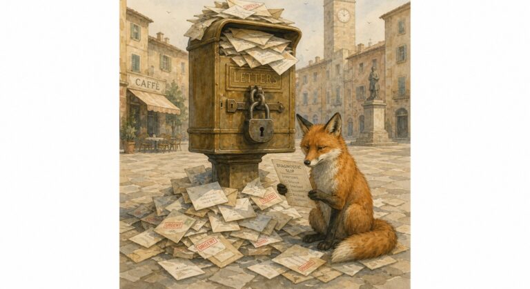Illustration of a fox in a piazza holding a diagnostic slip beside an overflowing mailbox surrounded by scattered urgent envelopes