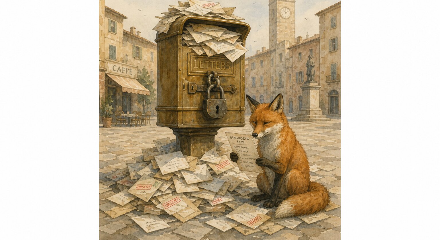Illustration of a fox in a piazza holding a diagnostic slip beside an overflowing mailbox surrounded by scattered urgent envelopes