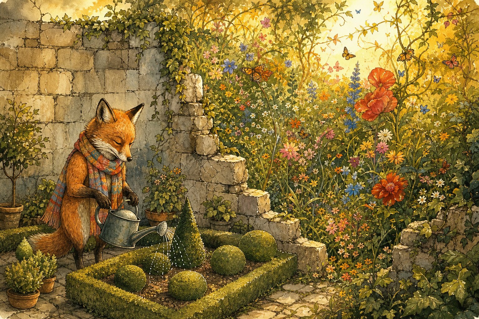 Watercolor illustration of a fox in a colorful scarf tending a small neat garden while an enormous wild garden explodes with color behind a crumbling wall