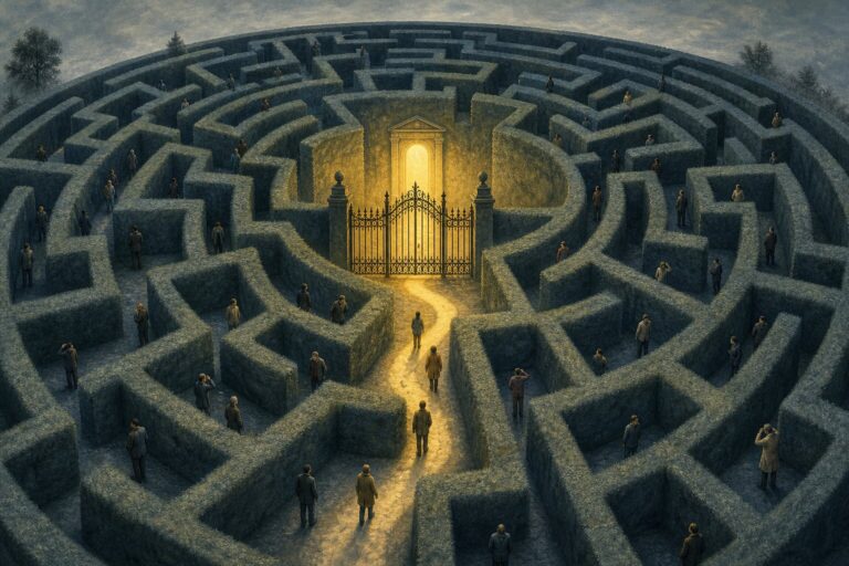 Aerial illustration of people wandering a vast hedge maze with a glowing golden gate and illuminated path leading to the center