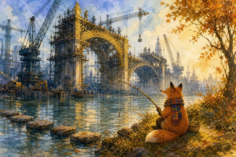 Watercolor illustration of a fox in a colorful scarf fishing contentedly by a river while an enormous half-built golden bridge looms under construction behind it