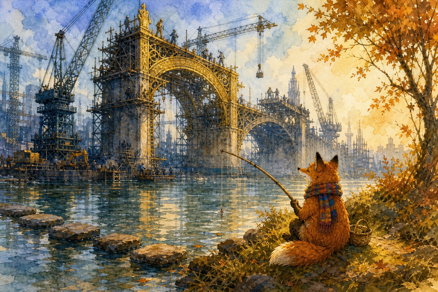 Watercolor illustration of a fox in a colorful scarf fishing contentedly by a river while an enormous half-built golden bridge looms under construction behind it