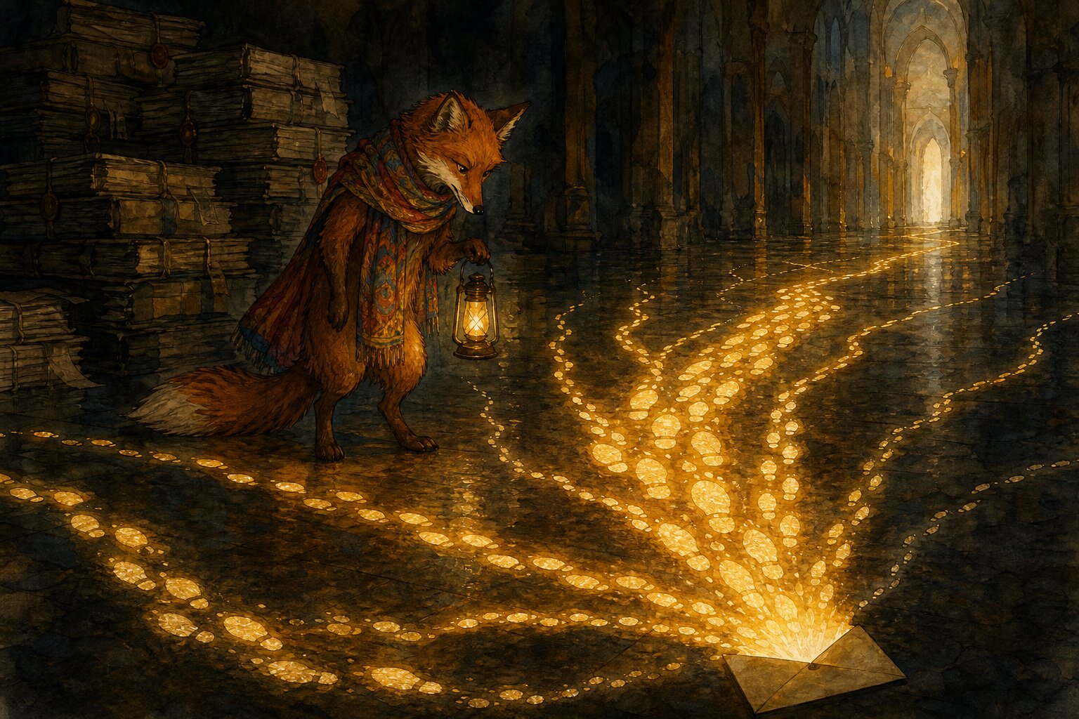Ink and watercolor illustration of a fox in a colorful scarf holding a lantern, studying glowing trails of footprints fanning out from an open envelope across a dark hall floor.
