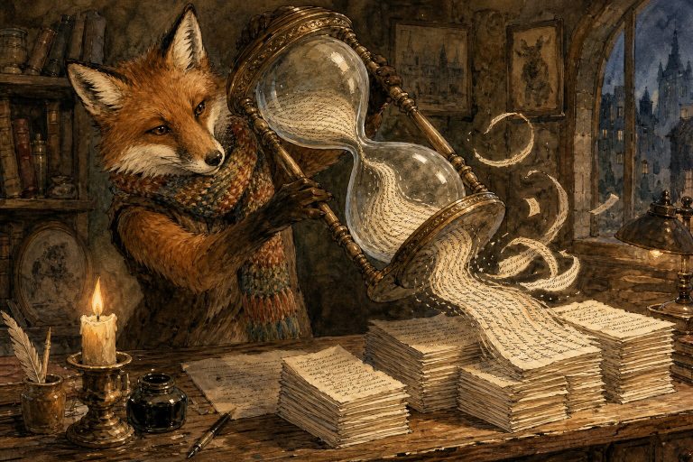 Watercolor illustration of a fox in a colorful scarf tilting an ornate hourglass as handwritten words cascade out and assemble into manuscript pages