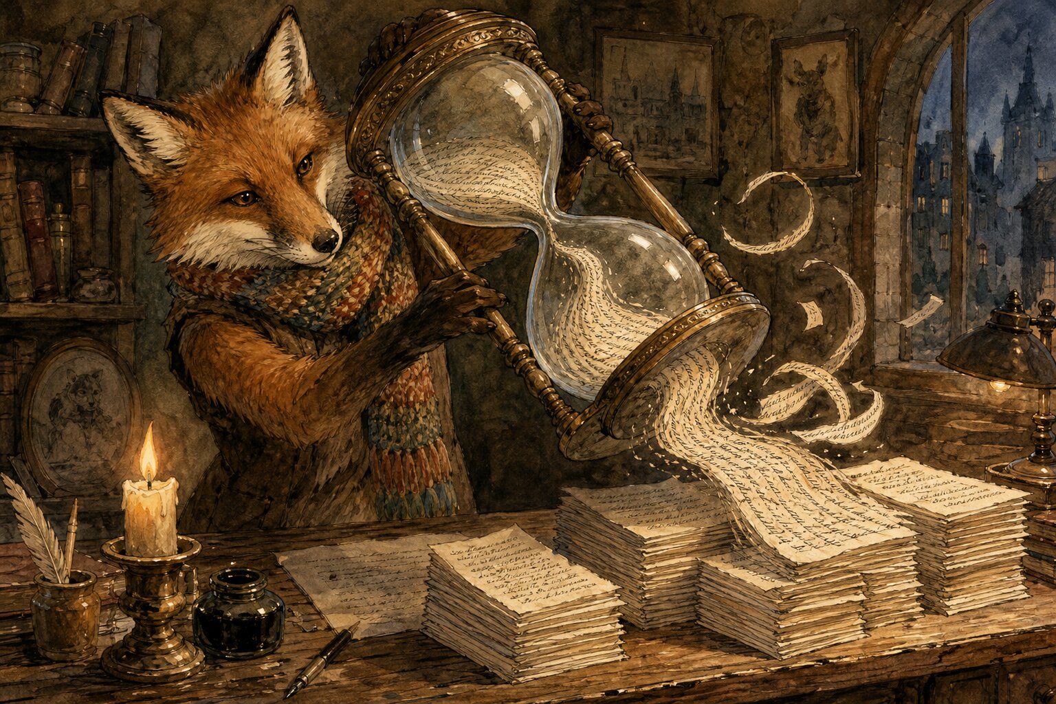 Watercolor illustration of a fox in a colorful scarf tilting an ornate hourglass as handwritten words cascade out and assemble into manuscript pages