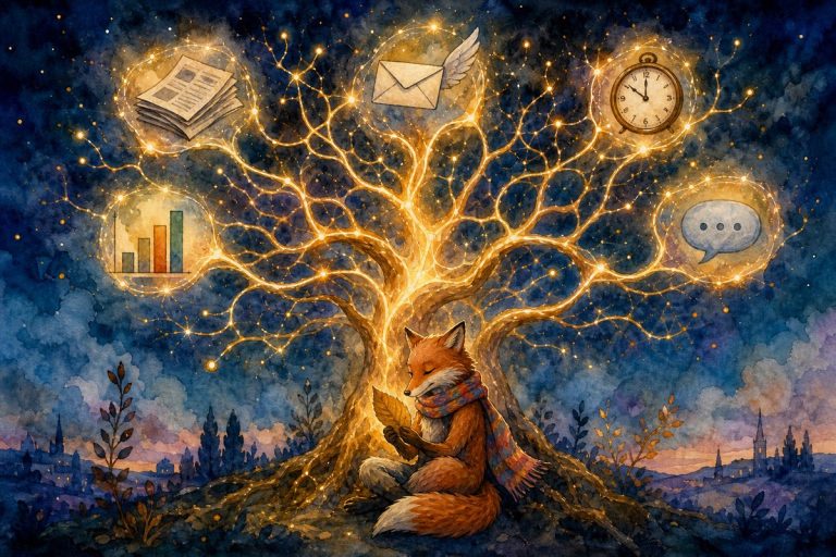 Watercolor illustration of a fox in a scarf sitting beneath a tree whose branches connect small icons like a morning business briefing.