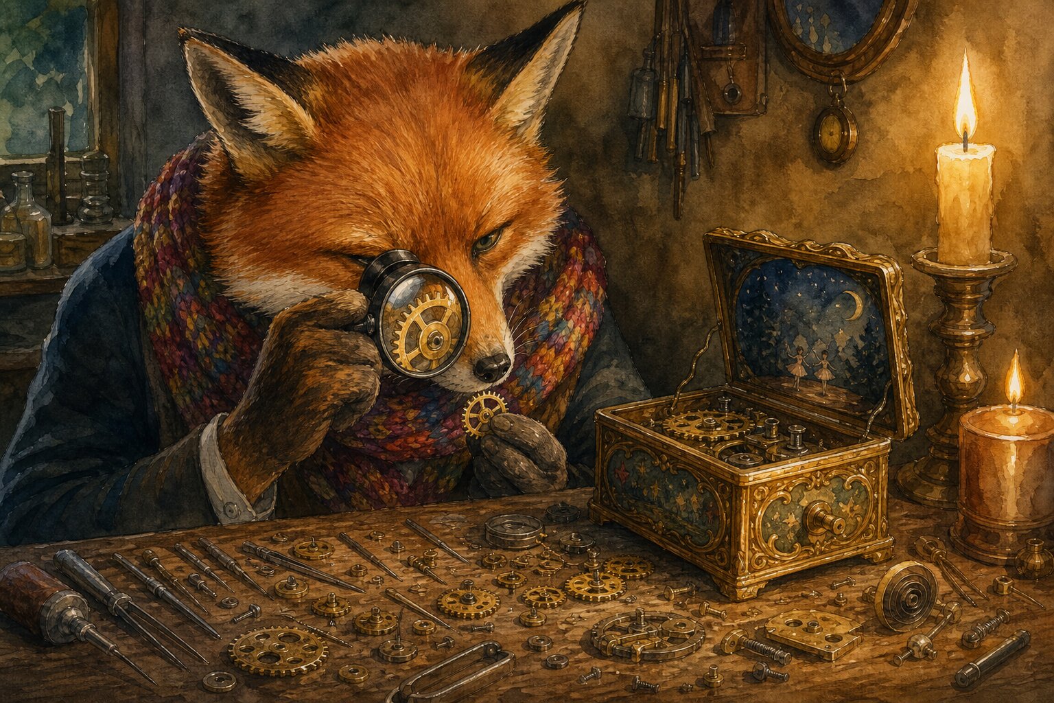 Watercolor illustration of a fox in a colorful scarf examining the gears of a clockwork music box through a jewelers loupe at a candlelit workbench