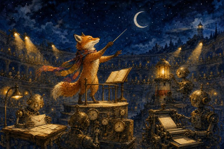 Watercolor illustration of a fox in a colorful scarf conducting an orchestra of tiny clockwork automatons under a crescent moon