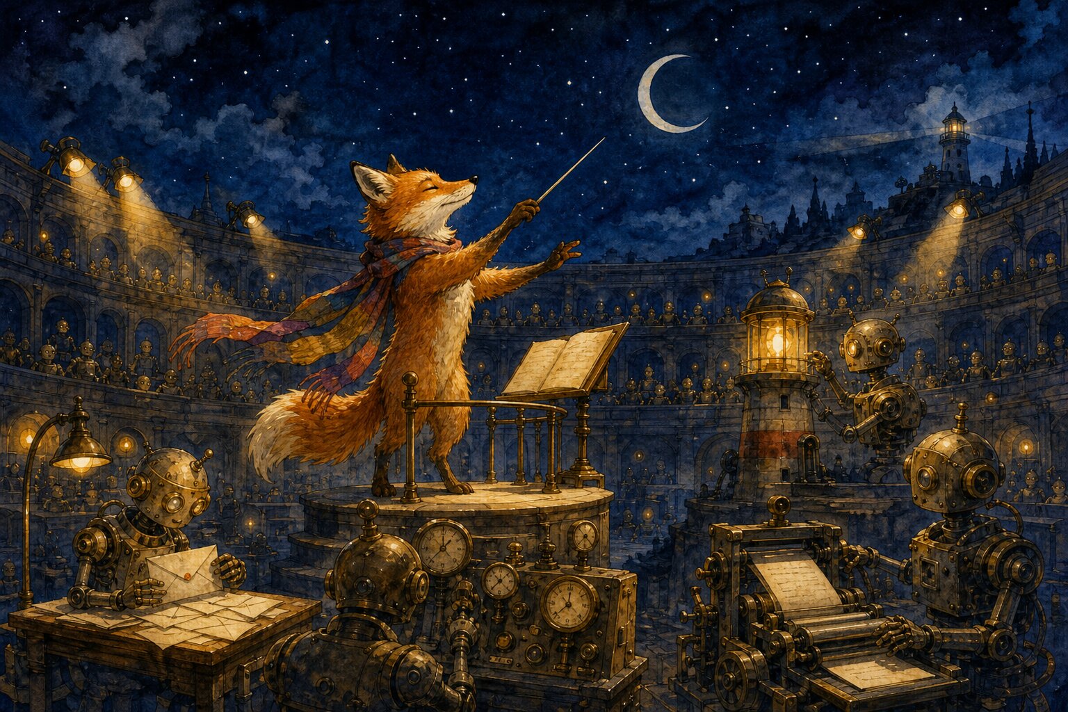 Watercolor illustration of a fox in a colorful scarf conducting an orchestra of tiny clockwork automatons under a crescent moon