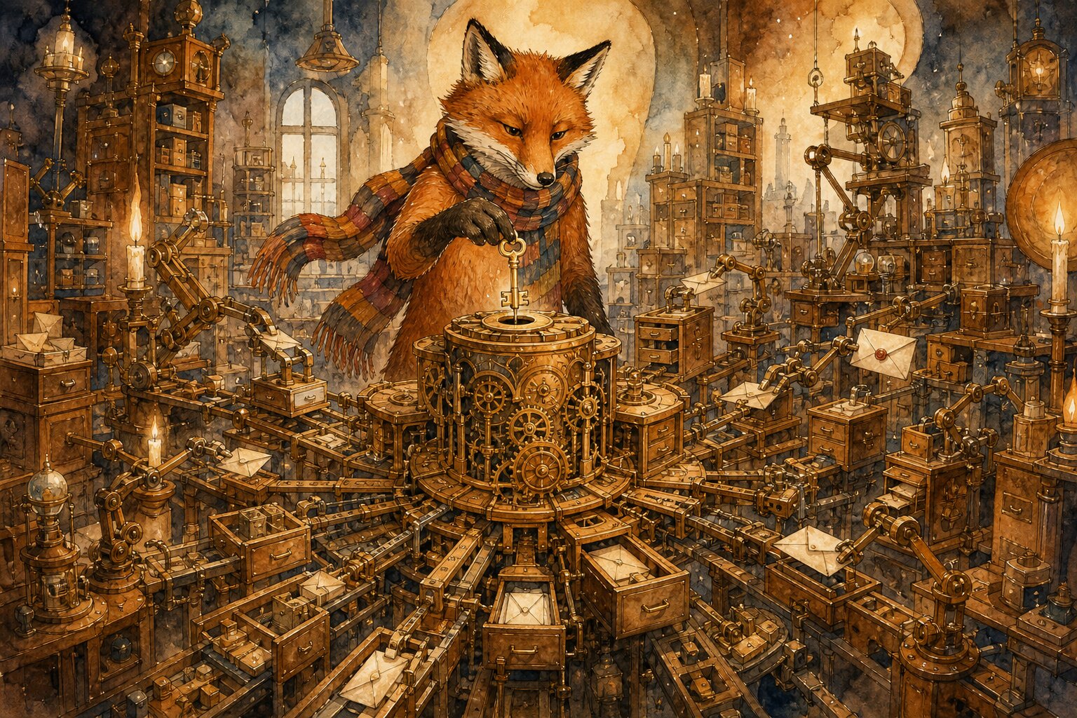 Watercolor illustration of a fox in a colorful scarf dropping a golden key into an ornate clockwork mechanism that cascades outward through a candlelit workshop