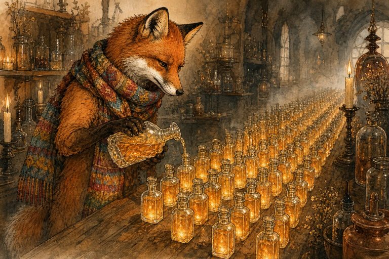 Ink and watercolor illustration of a fox in a colorful scarf pouring glowing amber liquid from one ornate bottle into rows of identical smaller bottles in a warm candlelit workshop