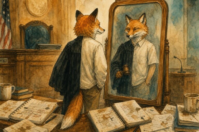 Illustration of a fox in judge's robes standing before a courtroom mirror with its reflection appearing more confident and holding a gavel