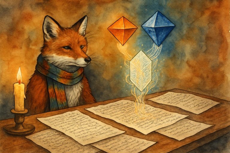 Watercolor illustration of a fox at a desk analyzing manuscript pages through two colored prisms that merge into a single glowing document