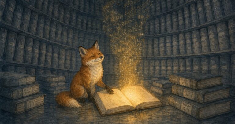 Illustration of a fox with a paw on an open glowing ledger surrounded by floating numbers and charts in a circular archive library