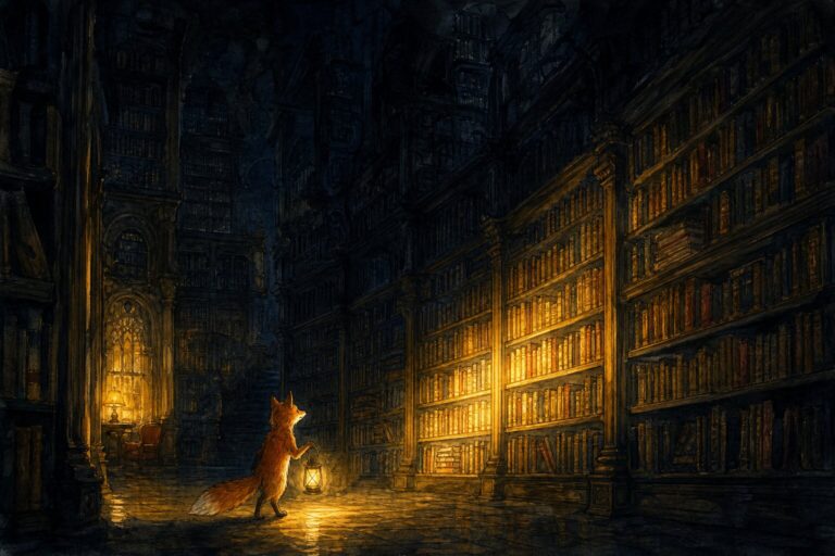 Illustration of a fox with a glowing lantern exploring a vast dimly-lit gothic library at night