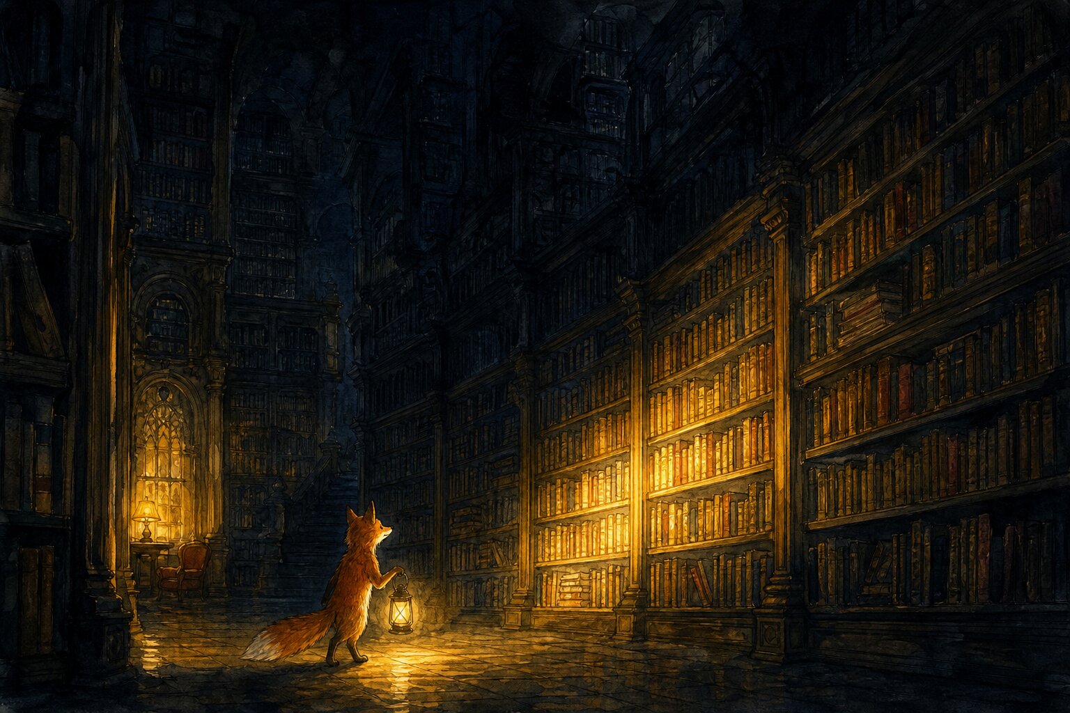 Illustration of a fox with a glowing lantern exploring a vast dimly-lit gothic library at night