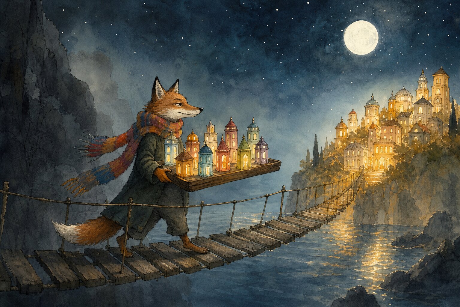 Illustration of a fox in a scarf carrying glowing miniature buildings across a suspension bridge toward a luminous city under a full moon